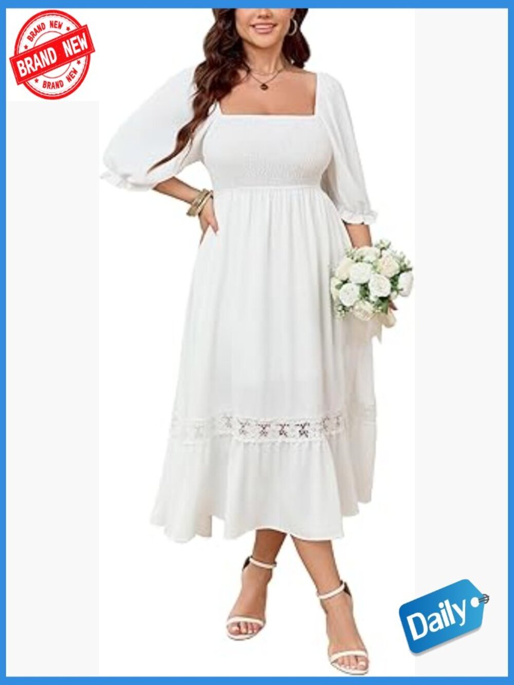 Plus Size Boho Maxi Dress Square Neck Smocked Lace Trim Flowy A-Line Short